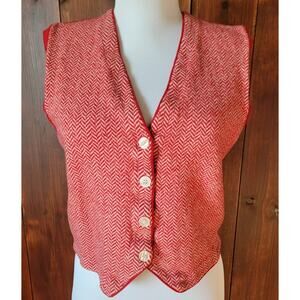 Vintage Talbots Women L Merino Wool Vest Red Cream Chevron 90s Button Front